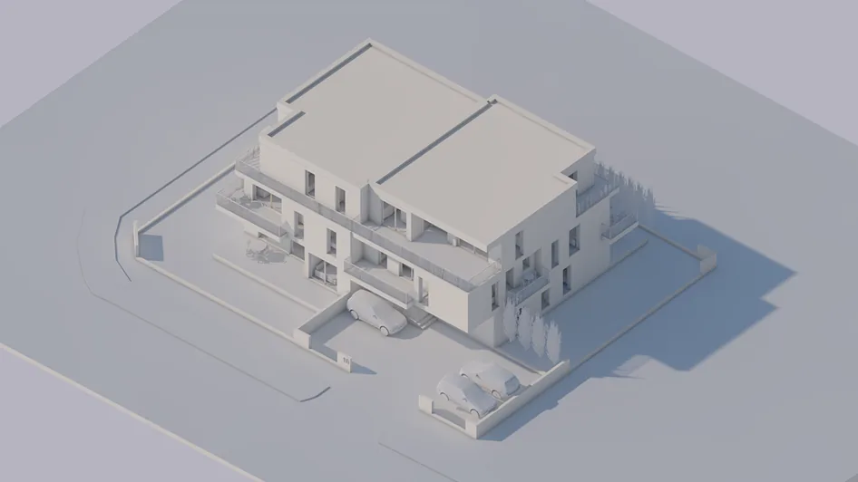 Razrađeni 3D model stambene zgrade s balkonima, otvorima, parkiralištem i uređenjem parcele