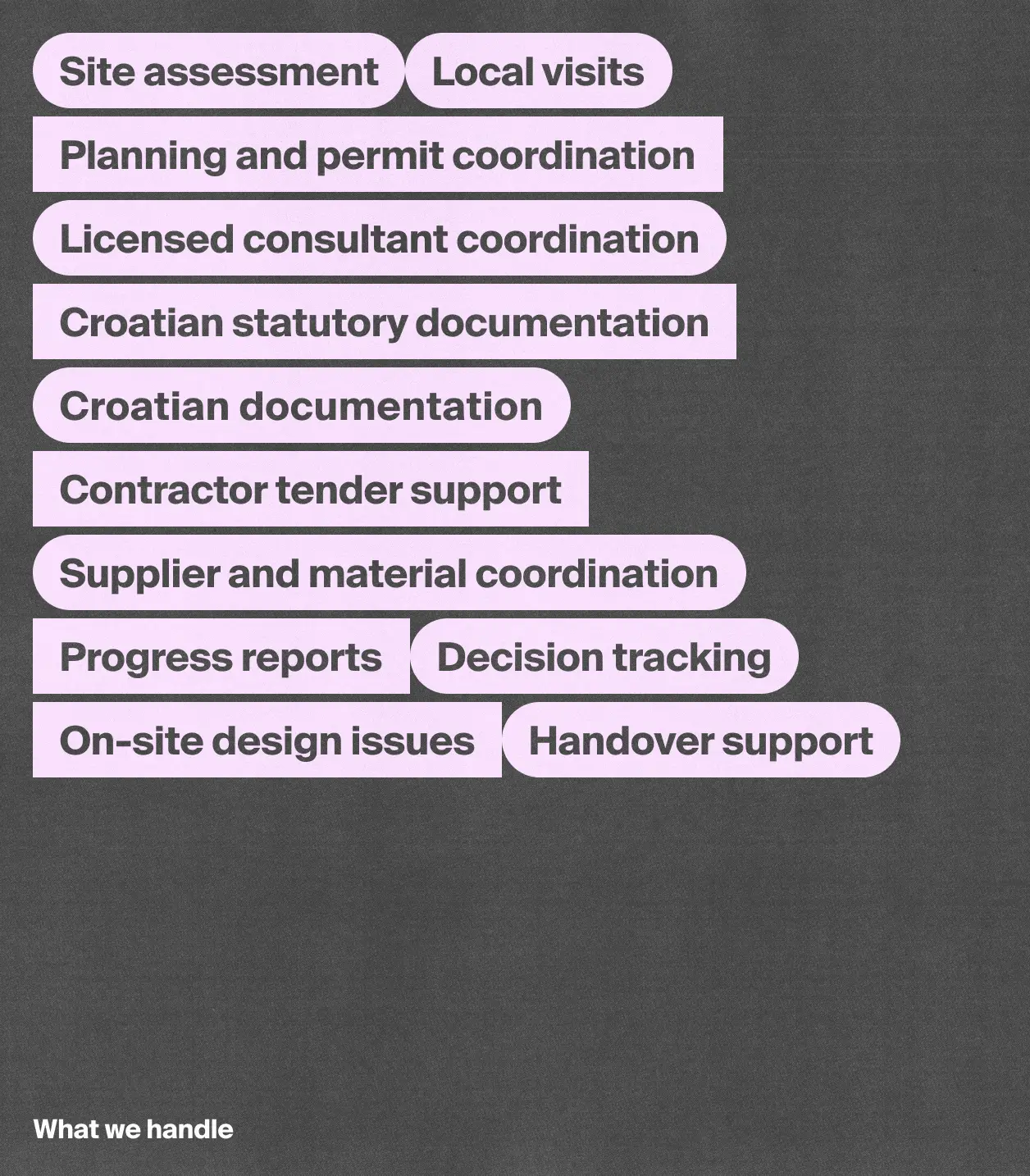 What we handle: site assessment, local visits, planning and permit coordination, licensed consultant coordination, Croatian statutory documentation, decision tracking, handover support, supplier and material coordination, contractor tender support, progress reports, and on-site design issues.
