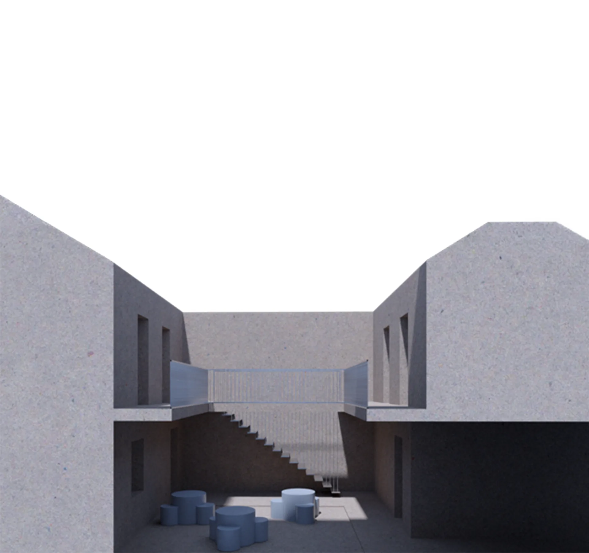 Maketarski render središnjeg atrija rekonstruirane stambene zgrade na Opatovini s dvije etaže, stubištem i modularnim volumenima