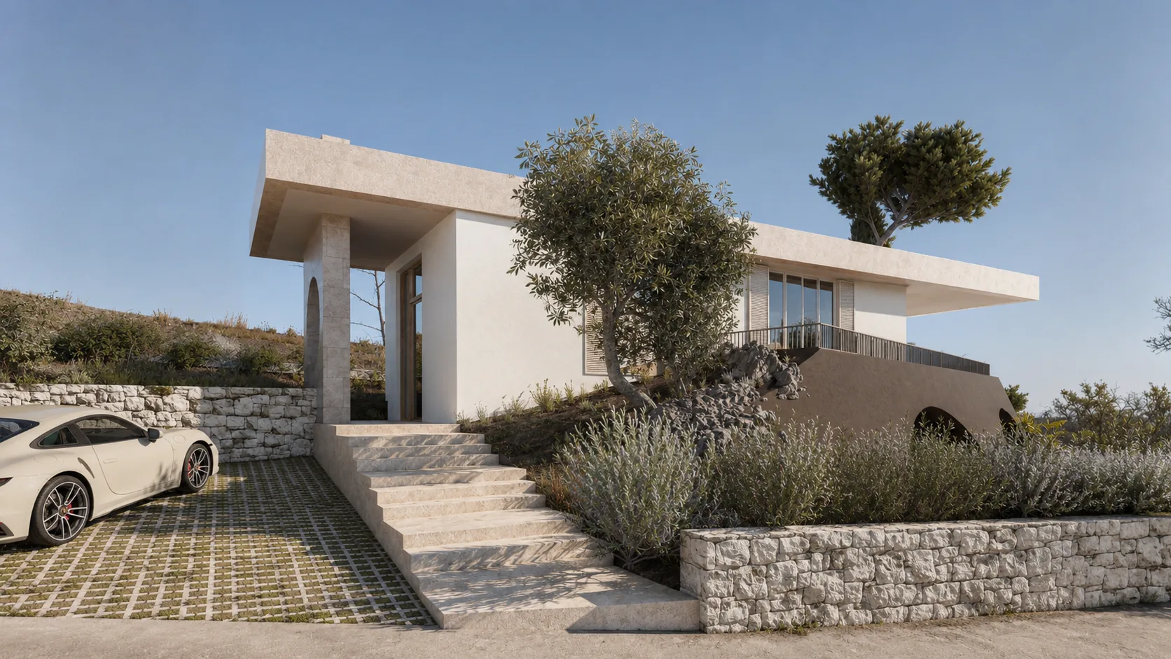 Vizualizacija pristupa kući za odmor na Pagu s kamenim stubama, žbukanom fasadom i mediteranskim vrtom