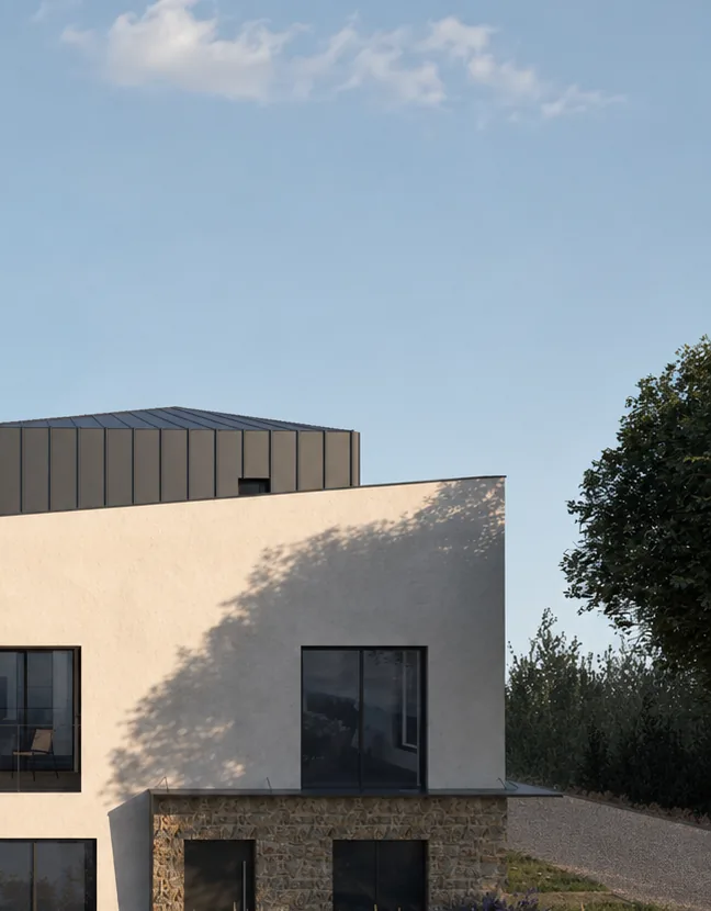 Detalj pročelja stambene zgrade na Pagu s kamenim prizemljem, žbukanom etažom i metalnim krovnim volumenom