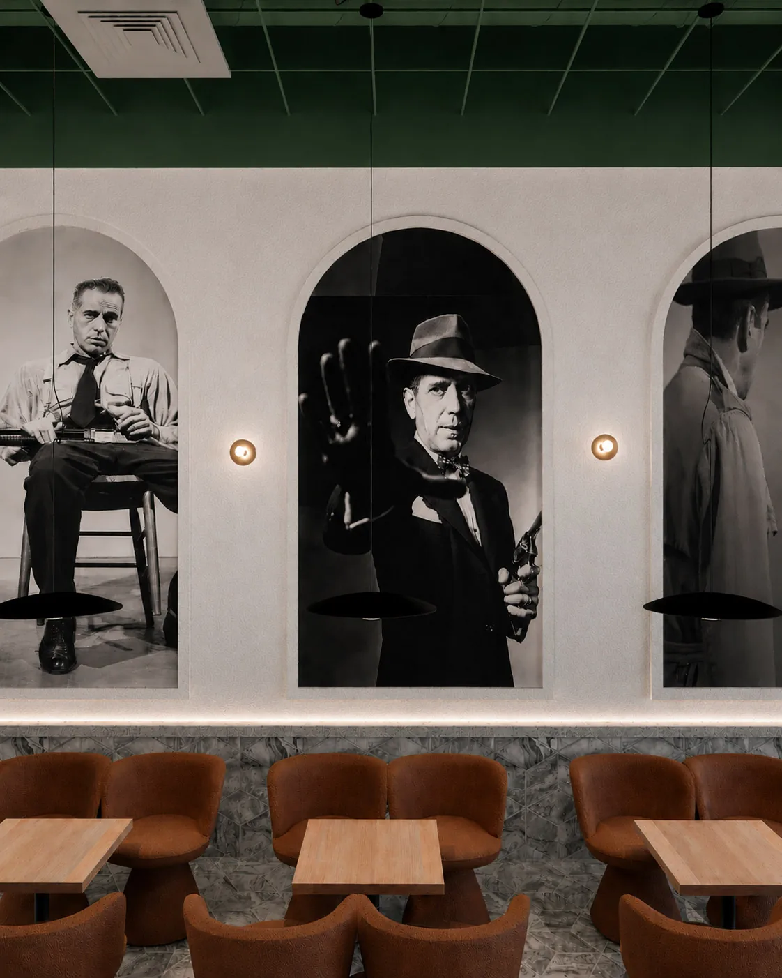 Vizualizacija zida cafe bara u Ogulinu s velikim fotografijama Humphreyja Bogarta u lučnim okvirima