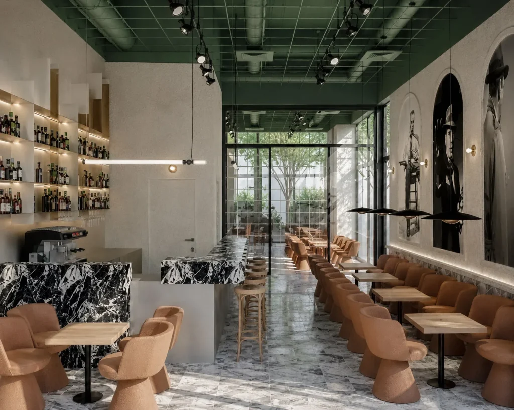 Vizualizacija interijera cafe bara u Ogulinu s crno-bijelim mramorom, konjak stolicama i zelenim stropom