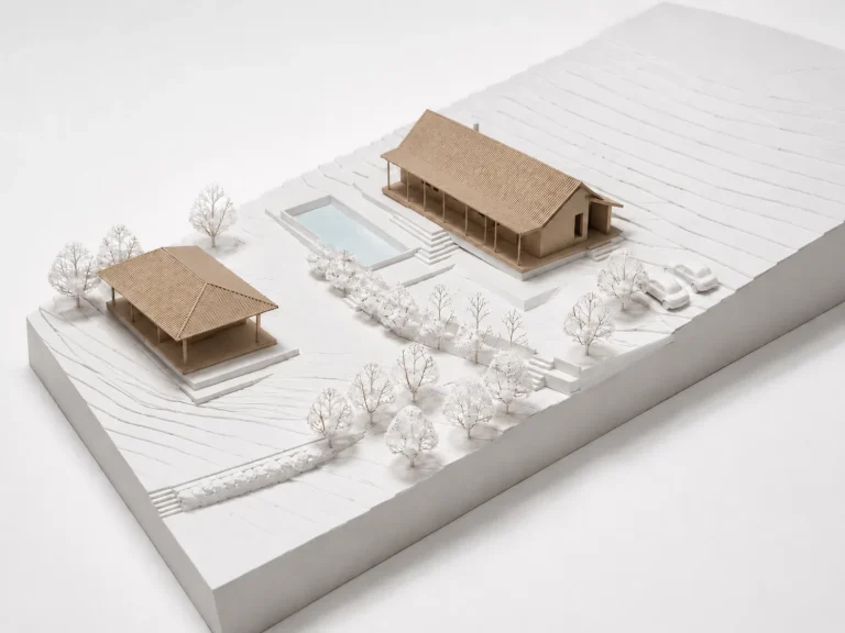 Architectural visualization of a Pisarovina house and pavilion on sloping terrain with a large garden and small pool