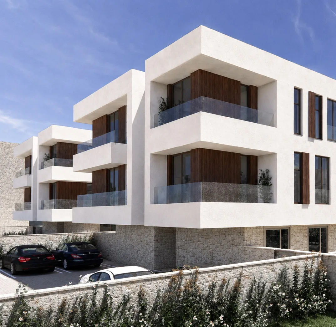 Vizualizacija bočnog pročelja luksuznih apartmana na Pagu s drvenim detaljima i uvučenim staklenim balkonima