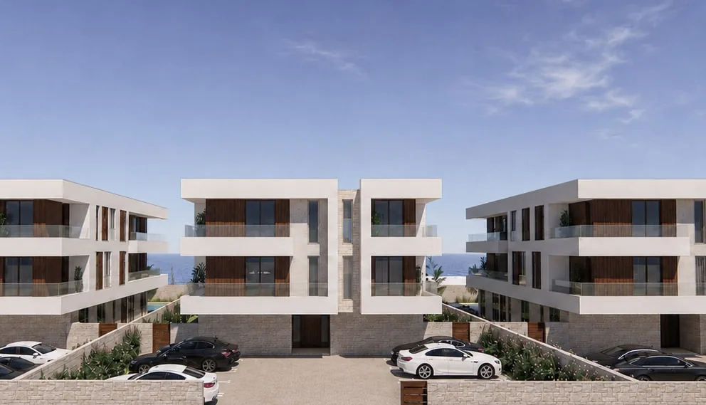 Vizualizacija kompleksa luksuznih apartmana na Pagu s kamenim prizemljem, bijelim volumenima i parkiralištem