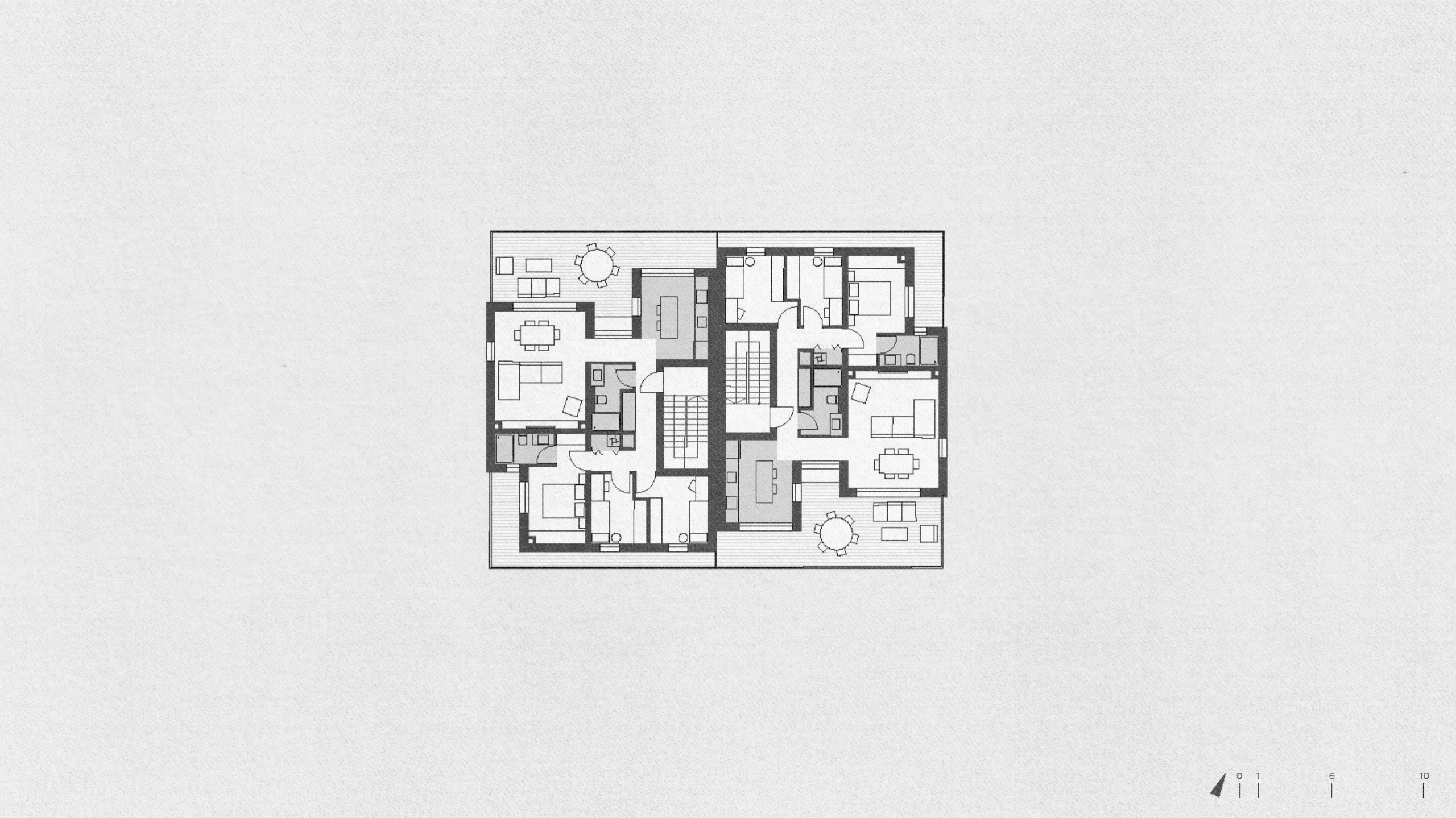 Tlocrt drugog kata stambene zgrade u Ivanić-Gradu s rasporedom 2 penthousea i velikim terasama